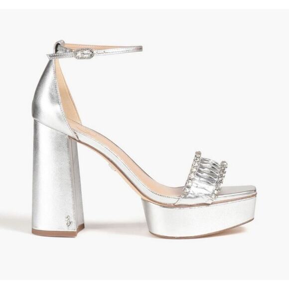 Sam Edelman High Ankle Heel Platform Silver & Crystals Sandals Size 11M NWOB - Picture 3 of 12